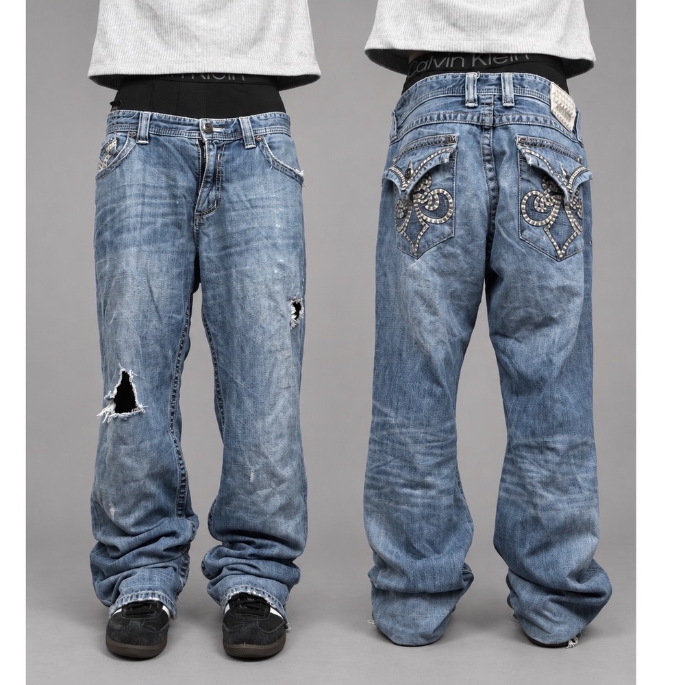 Vintage Affliction Grant Relaxed Straight Baggy Jeans Distressed Y2K Blue 34x34
